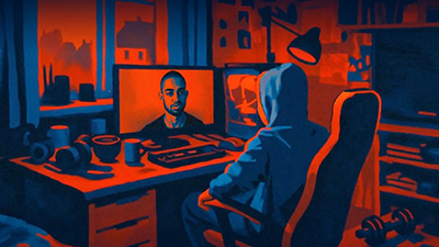 Titelbild der Dokumentation 'Shut Up, Bitch!' zeigt die Illustration eines jungen Mannes am Schreibtisch vor einem Computerdisplay